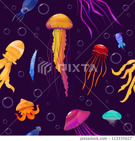 Jellyfishes seamless pattern. Underwater plankton and air bubbles. Repeated print. Luminous transparent inhabitants. Marine animals. Undersea invertebrate creatures. Vector background 113335027