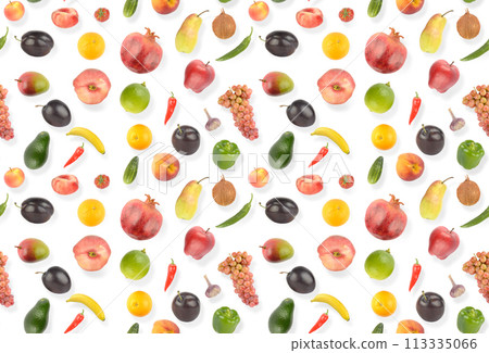 Seamless pattern bright appetizing fruits and vegetables with light shadow 113335066