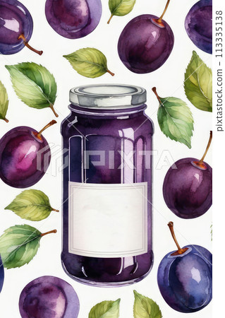 Plums jam or marmalade and fresh plums in watercolor style. 113335138