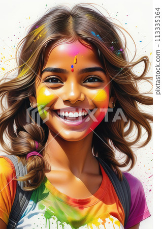 Holi festival, portrait of a happy smiling young woman in colorful powder explosion. Holi festival, portrait of a happy smiling young woman in colorful powder explosion. 113335164