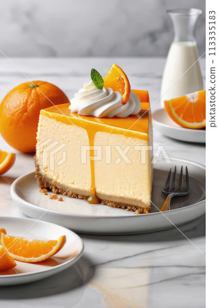 Tasty orange cheesecake with oranges on a marble stone background. 113335183