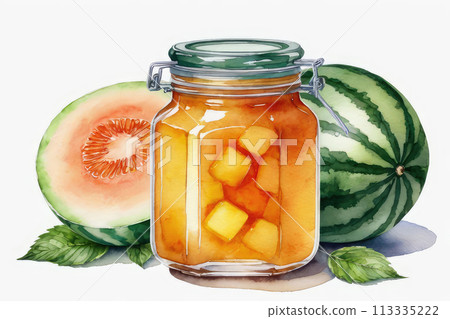Melon jam or marmalade and fresh melon in watercolor style. 113335222