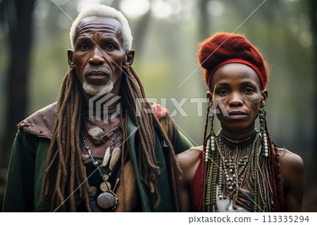 Two people wearing colorful clothing and accessories Two people wearing colorful clothing and accessories 113335294