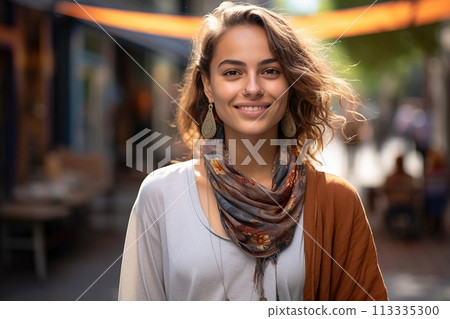 A woman with a scarf and earrings is smiling 113335300