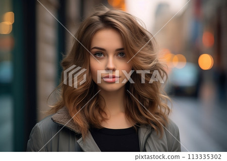 A woman with long brown hair is standing on a city street A woman with long brown hair is standing on a city street 113335302