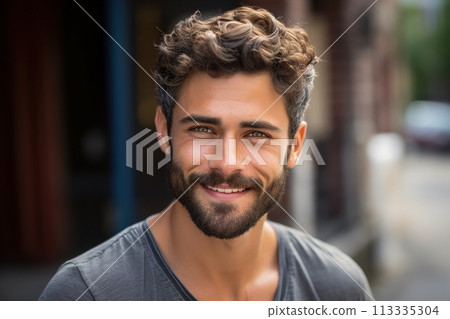 A man with a beard and a smile is wearing a gray shirt A man with a beard and a smile is wearing a gray shirt 113335304
