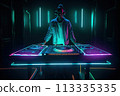 A man is standing in front of a neon colored DJ set 113335335