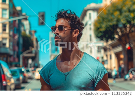A man wearing a blue shirt and sunglasses stands on a city street 113335342