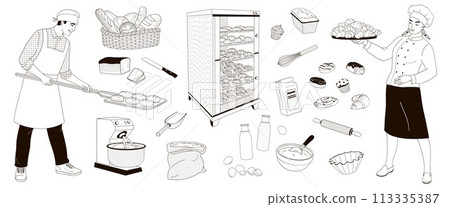 Smiling male and female baker in uniform and set elements about baking - bread, flour, electric bread oven, eggs, milk, croissant, donuts, baked goods, dough mixer, bowls, black and white linear vecto 113335387