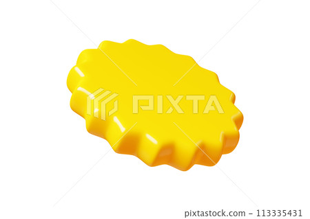Yellow round starburst sticker floating in air. 3D render illustration circle sale banner and text box for promotion and discount sign. Flying in different angles sunburst badge icon. 113335431