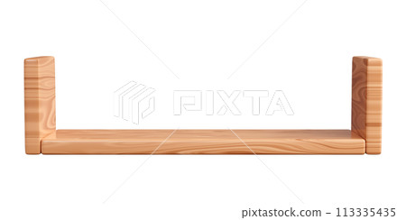Empty wooden wall shelf. 3D render illustration of blank bookshelf mockup with light brown wood texture for store or home interior. Board rack for storage and product display. Empty wooden wall shelf. 3D render illustration of blank bookshelf mockup with light brown wood texture for store or home interior. Board rack for storage and product display. 113335435