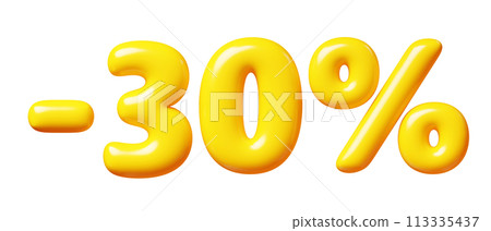 Balloon number minus thirty percent sign for sale concept. 3d render illustration of yellow plastic glossy discount typography -30. Cartoon bubble element percentage off for special offer promotion. 113335437
