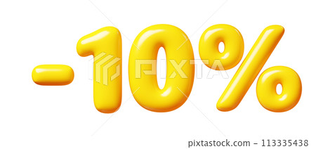 Balloon number minus ten percent sign for sale concept. 3d render illustration of yellow plastic glossy discount typography -10. Cartoon bubble element percentage off for special offer promotion. Balloon number minus ten percent sign for sale concept. 3d render illustration of yellow plastic glossy discount typography -10. Cartoon bubble element percentage off for special offer promotion. 113335438