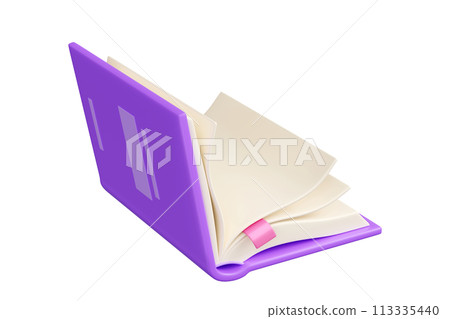 Open book 3d render illustration. Opening literature with purple hardcover, empty white paper pages and pink bookmark for reading hobby and education concept. Bookstore and library element. Open book 3d render illustration. Opening literature with purple hardcover, empty white paper pages and pink bookmark for reading hobby and education concept. Bookstore and library element. 113335440