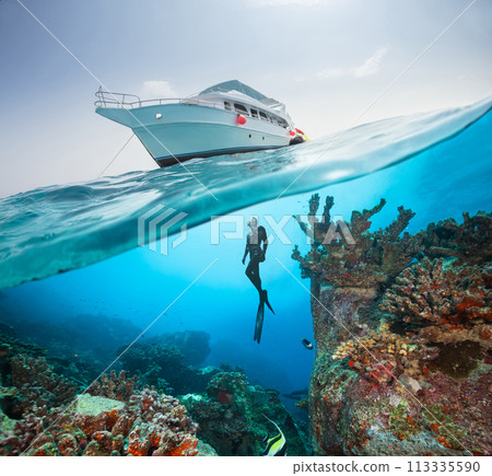 Under and above water surface view of free diver. Under and above water surface view of free diver. 113335590