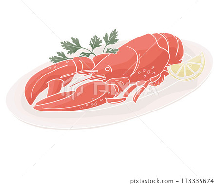 boiled red lobster on a plate with parsley and lemon 113335674