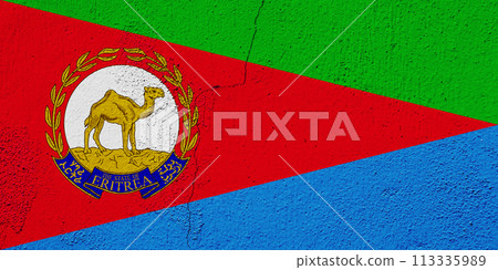 Flag and coat of arms of State of Eritrea on a textured background. Concept collage. Flag and coat of arms of State of Eritrea on a textured background. Concept collage. 113335989