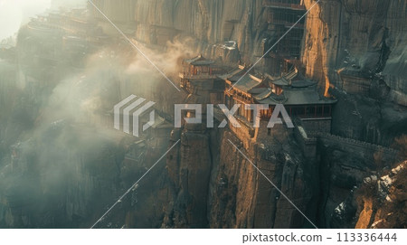 Misty morning reveals Shanxi's cliff-hanging temple, merging architecture with the natural landscape 113336444