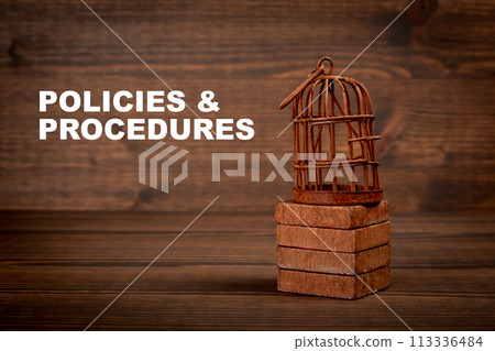 Policies and Procedures. Miniature birdcage on wood texture background Policies and Procedures. Miniature birdcage on wood texture background 113336484