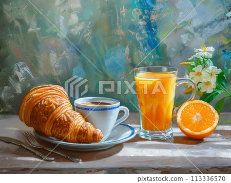 A plate of croissants and an orange sits on a wooden table next to a glass of orange juice. 113336570