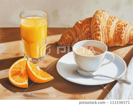 A plate of croissants and an orange sits on a wooden table next to a glass of orange juice. 113336571