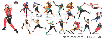 Rugby Player Characters Charge Across The Field, Tackling Fiercely, Sprinting And Skillfully Passing The Ball Vector Set 113336589