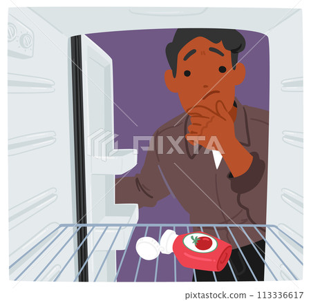 Thoughtful Male Character, Engulfed By The Stark Emptiness Of His Fridge, Rummages With A Hopeful Gaze Thoughtful Male Character, Engulfed By The Stark Emptiness Of His Fridge, Rummages With A Hopeful Gaze 113336617
