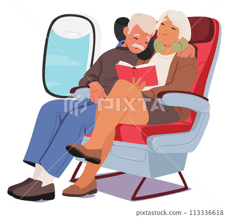 Senior Couple Characters Nestled Together On Plane, Finds Comfort With Soft Neck Pillows Cradling Their Heads 113336618