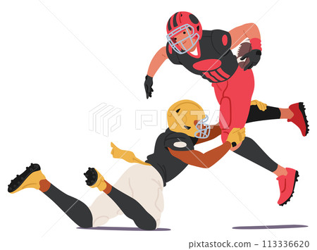 Dynamic Display Of Athleticism with Rugby Player Leaps Into The Air, Muscles Tensed, Eyes Fiercely Focused On The Ball 113336620