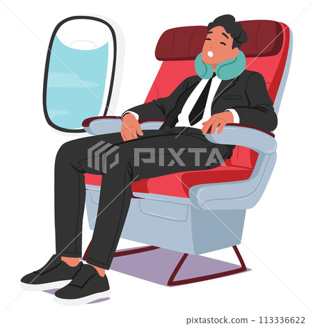 Suited Businessman On Plane, Eyes Closed, With A Neck Pillow, Symbolizing Brief Respite Amidst His Hectic Schedule Suited Businessman On Plane, Eyes Closed, With A Neck Pillow, Symbolizing Brief Respite Amidst His Hectic Schedule 113336622