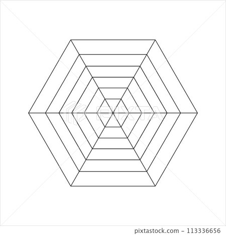Hexagon diagram divided on equal segments. Statistics or analytics graph, radar or spider chart, wheel of life or habits tracker template isolated on white background. Vector outline illustration 113336656