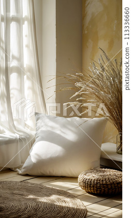 Cozy home corner with sunlight and cushions 113336660