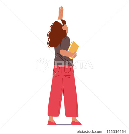 Curios Girl Character with a Book in Hand Back View. Child Extends An Arm Upwards, Looking Up, Wonder Evident In Pose Curios Girl Character with a Book in Hand Back View. Child Extends An Arm Upwards, Looking Up, Wonder Evident In Pose 113336664