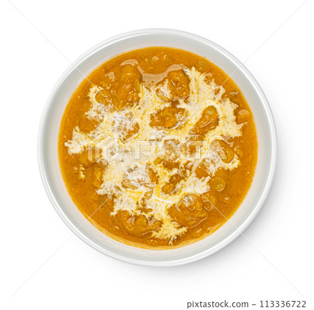 Thai cream soup with coconut milk isolated on white background, top view 113336722