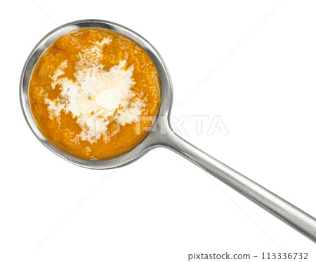 Spoon of Thai cream soup with coconut milk isolated on white background, top view Spoon of Thai cream soup with coconut milk isolated on white background, top view 113336732