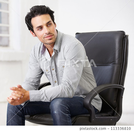Businessman, office and thinking growth confident for idea future, professional for project planning. Male person, company sales worker and problem solving, brain storming for corporate decision goal 113336810