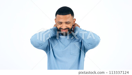 Neck pain, stress and man in studio with joint, problem or muscle tension on white background. Shoulder, injury and male model with anxiety for arthritis, fibromyalgia or osteoporosis anatomy risk 113337124