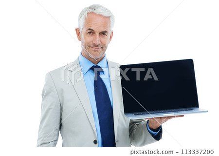 CEO, portrait and businessman with laptop screen in studio isolated on a white background mockup space. Senior, manager and professional with computer display, advertising and show promotion on tech 113337200