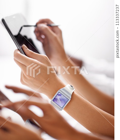 Designer, person or hands drawing on tablet on website for editing online, project or working on research. Graphic design, smart watch or digital pen for writing or creative sketching in workplace 113337237