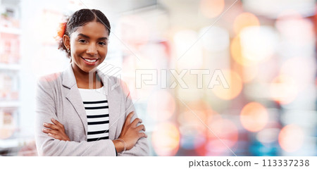 Black woman, arms crossed and smile portrait with compliance consultant at work with mockup space. Confidence, female entrepreneur and professional from New York happy from startup with office bokeh 113337238