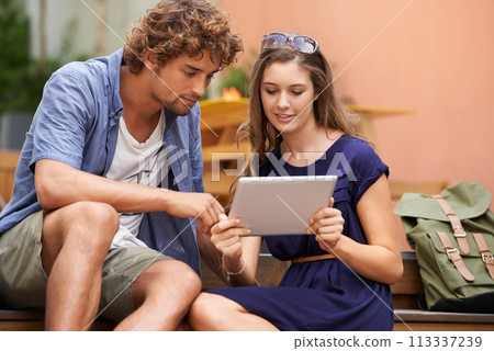 Tablet, friends and students at college, studying or learning together outdoor at stairs. Digital, technology and people at steps by university campus for conversation, education or online knowledge 113337239