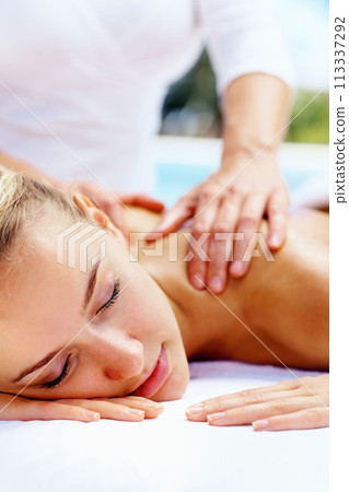 Spa, massage and luxury with woman, relax and health with body care, treatment and vacation. Person, getaway trip and girl on a weekend break, calm and holiday with peace, stress relief and wellness Spa, massage and luxury with woman, relax and health with body care, treatment and vacation. Person, getaway trip and girl on a weekend break, calm and holiday with peace, stress relief and wellness 113337292