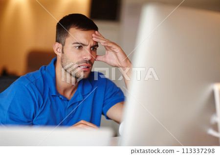 Businessman, computer and stress in office for problem with 404 glitch, slow connection and deadline at night. Entrepreneur, employee and anxiety for stock market crash with trading loss at workplace 113337298