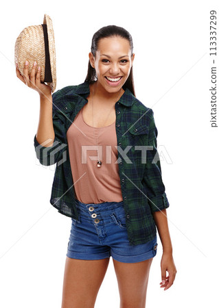 Woman, portrait and summer with smile, fashion and shirt in white background or studio. Female person, happy and hat in shorts, outfit and style for clothing, travel and backdrop in mockup space Woman, portrait and summer with smile, fashion and shirt in white background or studio. Female person, happy and hat in shorts, outfit and style for clothing, travel and backdrop in mockup space 113337299