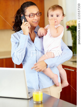 Mother, baby and phone call for home planning, career management and laptop in kitchen for multitasking. Single mom or freelancer on mobile and computer for job search, chat and financial opportunity 113337330