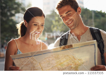 Happy couple, tourism and city with map for destination, location or tour guide on street or road. Man and woman looking at paper with smile for directions, travel route or outdoor path in urban town 113337335
