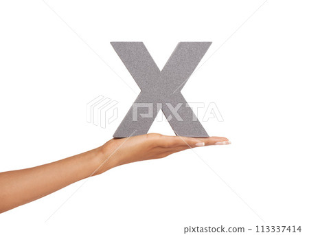 Woman, hand and x letter or alphabet in studio for marketing, learning or teaching on mock up. Sign, font or character for marketing, text or communication and grammar or symbol on white background 113337414
