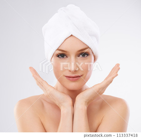 Face, skincare and portrait of woman with confidence from beauty and healthy dermatology in studio background. Girl, model and glow or shine on skin from facial, cosmetics or benefits of detox Face, skincare and portrait of woman with confidence from beauty and healthy dermatology in studio background. Girl, model and glow or shine on skin from facial, cosmetics or benefits of detox 113337418