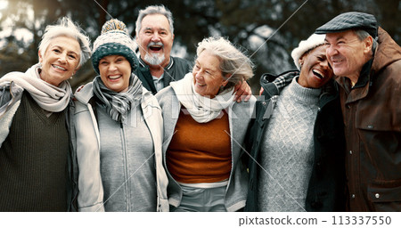 Happy, portrait and senior friends in a park while walking outdoor for fresh air together. Diversity, smile and group of elderly people in retirement taking picture and bonding in a forest in winter. 113337550