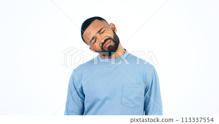 Stress, neck pain and young man in studio with headache, injury or accident for muscle sprain. Sick, migraine and person from Colombia with burnout, brain fog and anxiety isolated by white background Stress, neck pain and young man in studio with headache, injury or accident for muscle sprain. Sick, migraine and person from Colombia with burnout, brain fog and anxiety isolated by white background 113337554